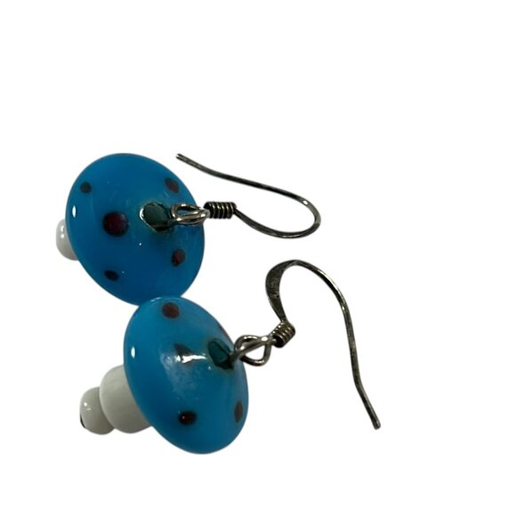 Whimsical Mushroom Toadstool Blue White Earrings Dangle Fairycore Fantasy - Picture 3 of 5